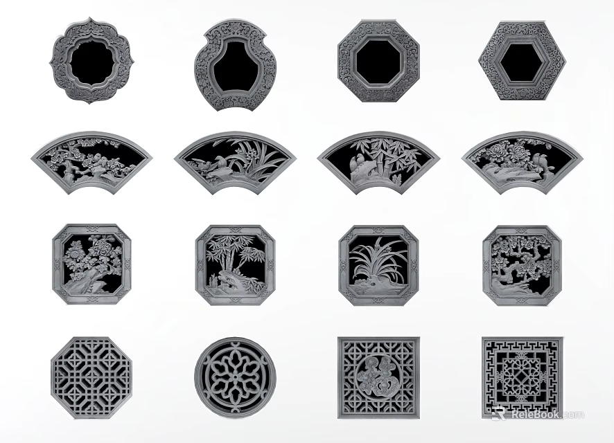 Traditional Carved Lattice Windows Featuring Various Shapes And Classic Decorative Patterns 3d model 