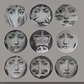 Collection of Circular Badges Featuring Various Face Designs in Black and White Style