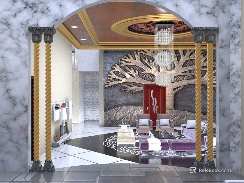 Luxury Hotel Reception With Marble Arch Golden Columns Crystal Chandelier Tree Decorative Wall And Sofa Seating 3d model 
