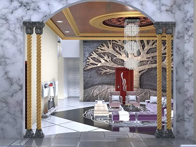 Luxury Hotel Reception With Marble Arch Golden Columns Crystal Chandelier Tree Decorative Wall And Sofa Seating 3d model