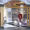 Luxury Hotel Reception With Marble Arch Golden Columns Crystal Chandelier Tree Decorative Wall And Sofa Seating