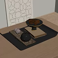 Wooden Tabletop Decor With Black Tray Teapot Pinecones And Geometric Wall Art