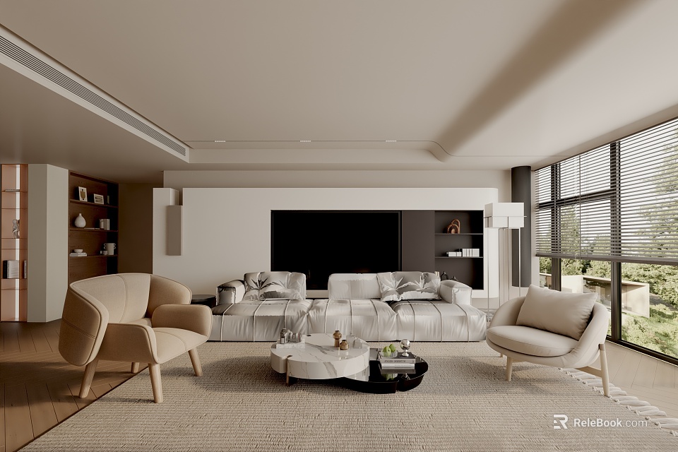 Modern Living Room Interior With Comfortable Sofa Armchair Coffee Table TV Wall And Large Windows 3d model 
