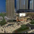 Vibrant Illuminated Commercial Complex with Surrounding Tall Buildings Spacious Plaza Crowded People and Decorative Fountain