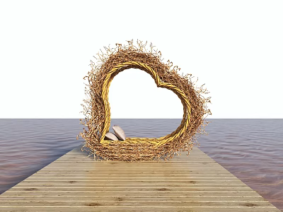 Heart Shaped Rattan Outdoor Chair on Wooden Platform with Water Background 3d model