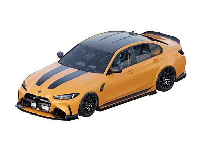 Yellow Sports Sedan With Black Stripes Black Wheels And Rear Spoiler 3d model