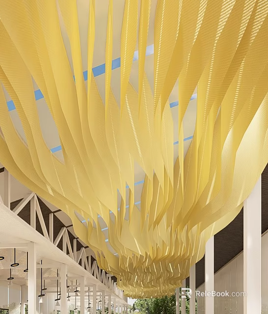 Yellow Wavy Perforated Ceiling Design with Blue Lights and White Structures 3d model 