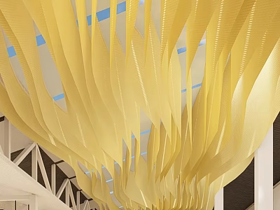 Yellow Wavy Perforated Ceiling Design with Blue Lights and White Structures 3d model