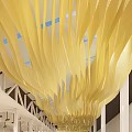 Yellow Wavy Perforated Ceiling Design with Blue Lights and White Structures 3d model