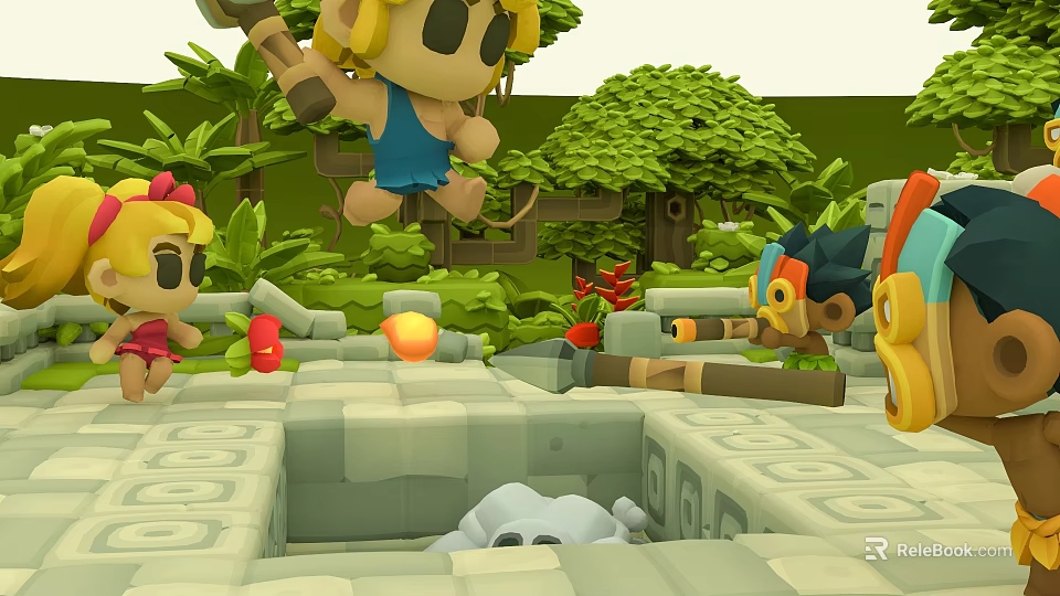 Cartoon Jungle Adventure Scene With Jumping Characters Green Plants And Stone Platforms 3d model