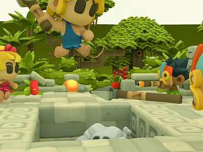 Cartoon Jungle Adventure Scene With Jumping Characters Green Plants And Stone Platforms 3d model