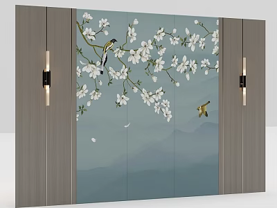 Stylish Bedroom Accent Wall With Light Blue Background White Magnolia Flowers And Birds 3d model