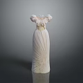 Man Sculpture With White Striped Design And Wing Shaped Decorations On Gray Background