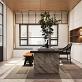 Modern Indoor Living Space With Marble Counter Table Rattan Chair And Potted Plant