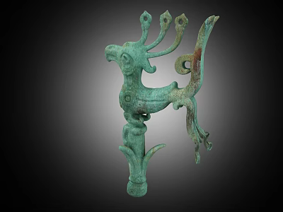 Ancient Bronze Mythical Animal Sculpture with Antler Ornaments and Curled Tail Design 3d model