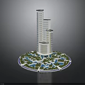Modern High Rise Tower With Glass Facade Circular Base Surrounded By Water Pools And Greenery