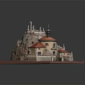 Cartoon Scenery of Detailed Castle Like Building With Red Roofs Dome Statues And Stone Stairs