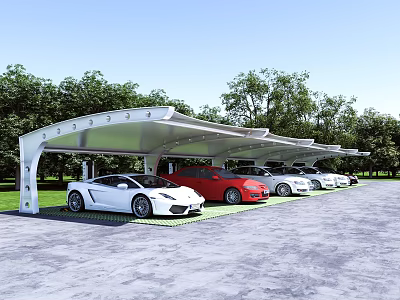 Tensile Membrane Carport Covering Multiple Cars in Outdoor Area with Green Trees 3d model
