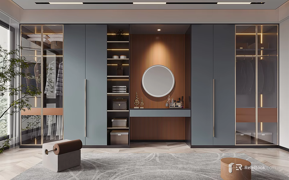 Elegant Modern Walk in Closet Interior With Gray Cabinets Round Mirror And Wooden Backdrop 3d model 