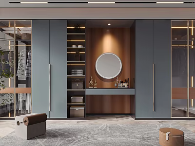 Elegant Modern Walk in Closet Interior With Gray Cabinets Round Mirror And Wooden Backdrop 3d model