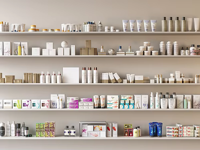 Perfume And Cosmetics Display On Shelves With Various Bottles Jars And Boxes 3d model