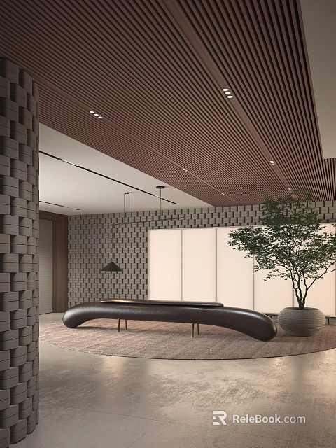 Modern Reception With Brown Wooden Ceiling Gray Brick Wall Curved Black Desk And Potted Tree 3d model 