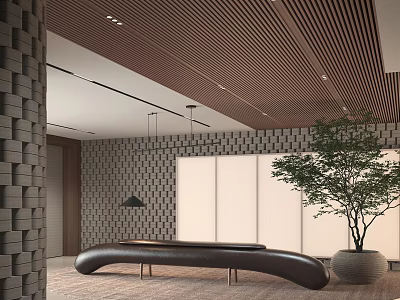 Modern Reception With Brown Wooden Ceiling Gray Brick Wall Curved Black Desk And Potted Tree 3d model