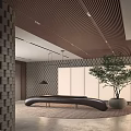 Modern Reception With Brown Wooden Ceiling Gray Brick Wall Curved Black Desk And Potted Tree