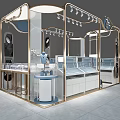 Modern Mall Store Interior With Golden Frame Display Counters And Blue Stool Lighting 3d model