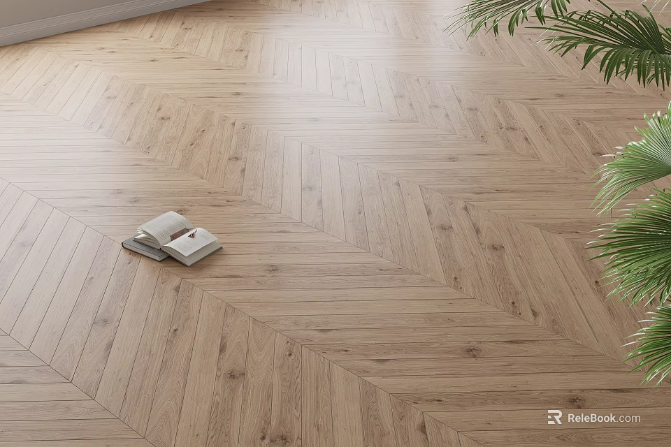 Herringbone Pattern Wooden Flooring in Light Wood Tone with Natural Texture and Open Book 3d model 