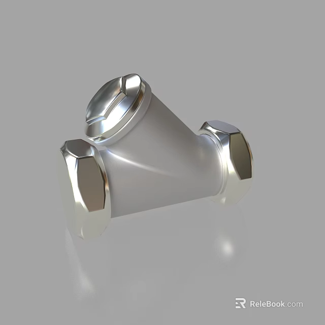 Silver Metal Pipe Tee Fitting With Hexagonal Nuts Connection Ports And Smooth Surface 3d model 