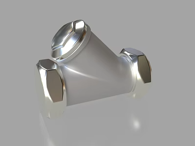 Silver Metal Pipe Tee Fitting With Hexagonal Nuts Connection Ports And Smooth Surface 3d model