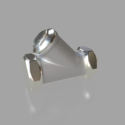Silver Metal Pipe Tee Fitting With Hexagonal Nuts Connection Ports And Smooth Surface 3d model