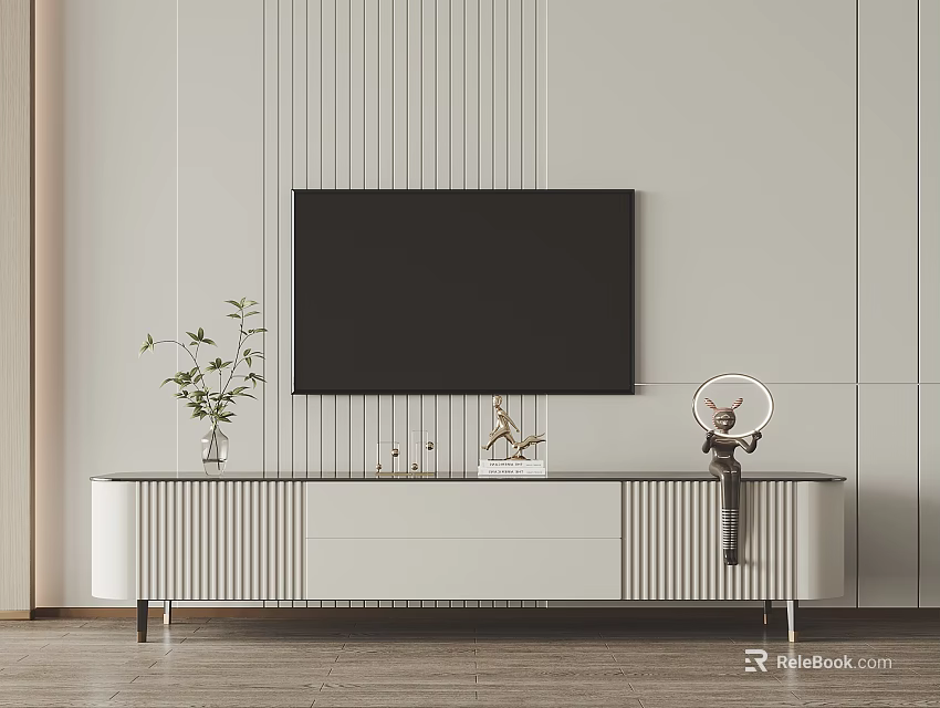 Modern Minimalist TV Stand With Black Screen Green Plant Small Ornaments And Sculpture 3d model 