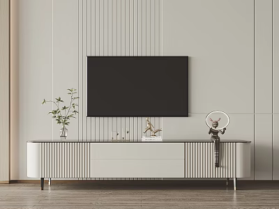 Modern Minimalist TV Stand With Black Screen Green Plant Small Ornaments And Sculpture 3d model
