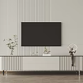 Modern Minimalist TV Stand With Black Screen Green Plant Small Ornaments And Sculpture