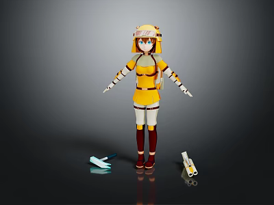 3D Game Movie Character in Yellow White Outfit with Yellow Helmet Blue Eyes and Props 3d model