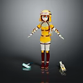 3D Game Movie Character in Yellow White Outfit with Yellow Helmet Blue Eyes and Props