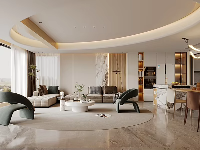 Modern Living Dining Area Interior Design With Sofa Coffee Table Circular Lighting And Marble Floor 3d model