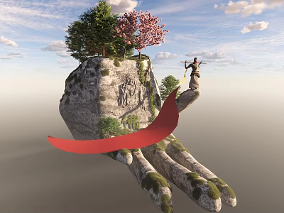 Scenic Hand Shaped Rock Island With Trees Pink Flowering Tree Person And Flowing Red Ribbon 3d model