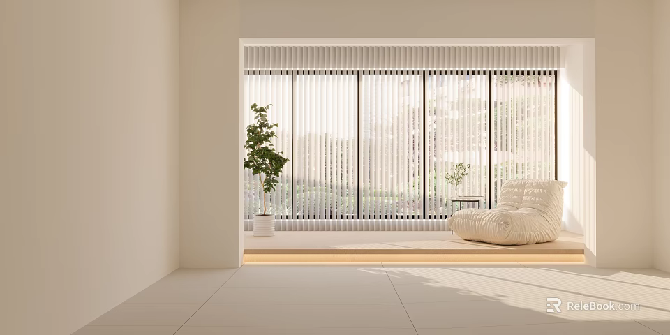 Comfortable White Bean Bag Chair In Modern Minimalist Interior With Large Window And Green Plant 3d model 