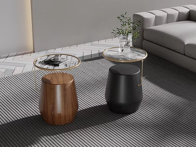 Two Modern Side Tables Wooden And Black With Glass Top Metal Frame Living Room 3d model
