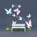Colorful Butterfly Decorated Photo Check-in Spot With White Bench Grass And Flowers