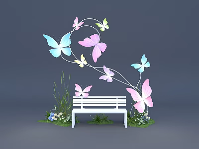 Colorful Butterfly Decorated Photo Check-in Spot With White Bench Grass And Flowers 3d model