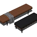 Modern Style Tufted Brown and Gray Benches with Checkered Blanket and Black Legs