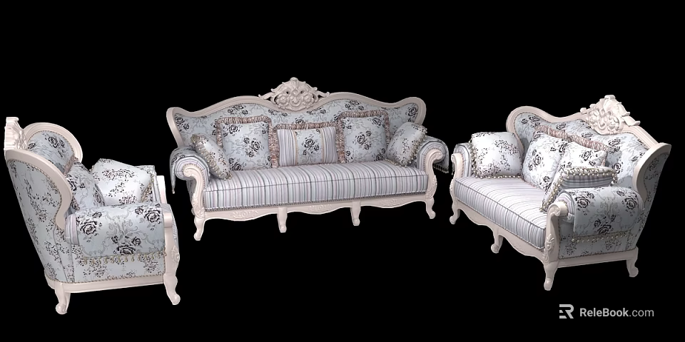 Elegant Classic Sofa Set With Carved Details Patterned Cushions And Curved Armrests 3d model 