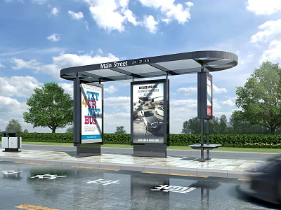Modern Roadside Bus Stop Facility with Billboards Bench and Trees at Main Street Station 3d model