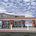 Modern Gas Station Building With Fuel Pumps White Car And Parking Area Under Blue Sky