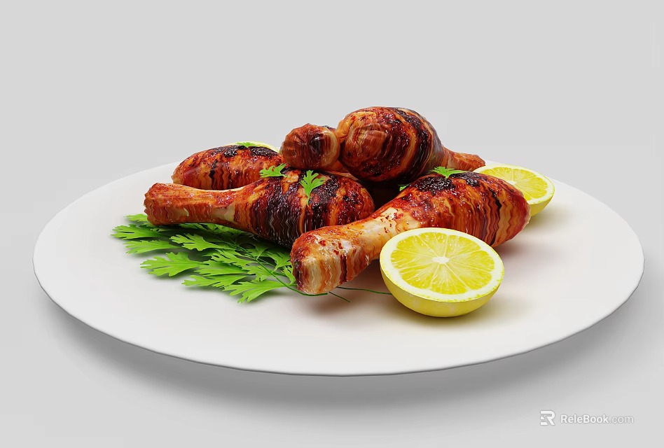 Grilled Chicken Drumsticks Served On White Plate With Lemon Slices And Fresh Parsley 3d model 