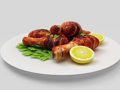 Grilled Chicken Drumsticks Served On White Plate With Lemon Slices And Fresh Parsley 3d model